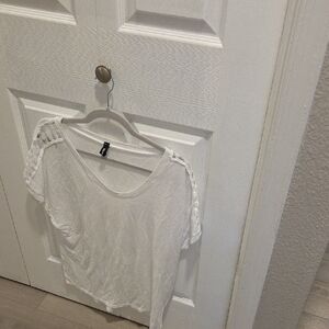 Women's White Short-Sleeve Tee with Lace-Shoulder Detail